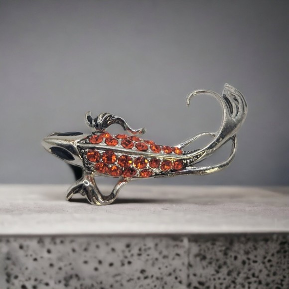 Unbranded Jewelry - Silver Tone Metal Fish Pendant w/ Rhinestones Orange Fantail Carp Black Eyes